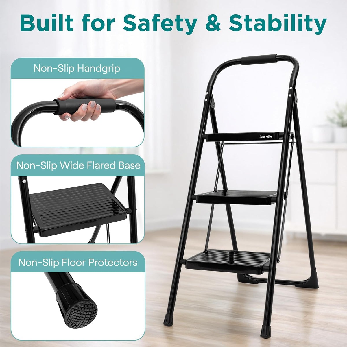 SereneLife Escalera Plegable de Acero de 3 Peldaños Anchos Antiderrapantes con Pasamanos, Capacidad de 150 kg, Ideal para Limpieza, Decoración y Tareas del Hogar