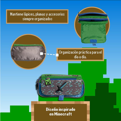 Ruz Lapicera Triple Infantil y Preescolar | Minecraft | 100% Poliéster | Organizador Escolar para Niños con Múltiples Bolsillos y Cierre | Recomendado desde 3 años