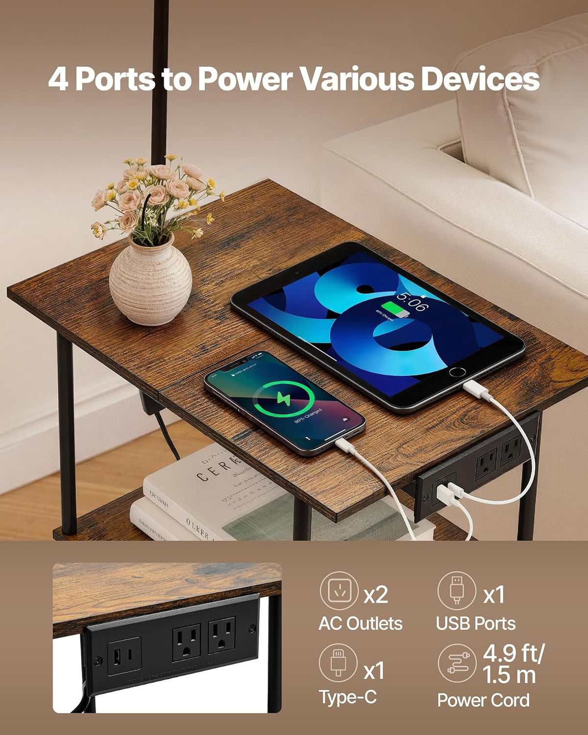 VEVOR Lámpara de Pie con Mesa, Mesa Auxiliar Estrecha de 3 Niveles con Estantes Abiertos e Iluminación de 3 Temperaturas de Color, con Puerto de Carga USB, Tipo C y CA para Sala de Estar, Dormitorio