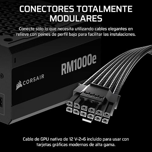 Corsair RM1000e (2025) Fuente de alimentación ATX Totalmente Modular de bajo Ruido con Cable de 12V-2x6 - Compatible con ATX 3.1 y PCIe 5.1, eficiencia Cybenetics Gold, condensadores a 105°C - Negro