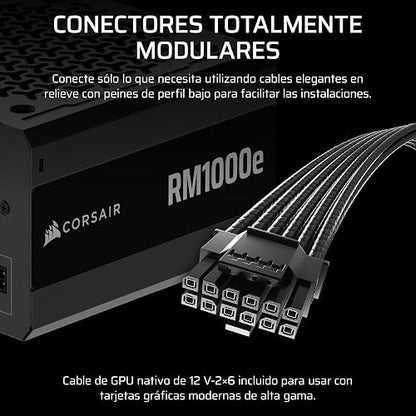 Corsair RM1000e (2025) Fuente de alimentación ATX Totalmente Modular de bajo Ruido con Cable de 12V-2x6 - Compatible con ATX 3.1 y PCIe 5.1, eficiencia Cybenetics Gold, condensadores a 105°C - Negro