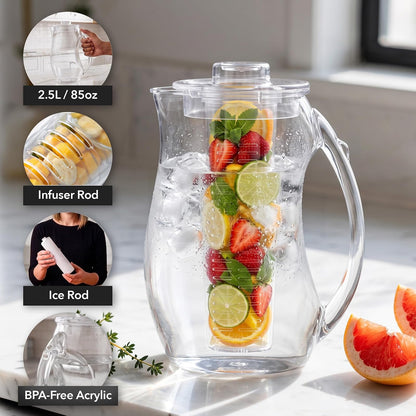 OVENTE - Jarra de agua para infusión de frutas de 2.5 l (85 onzas) con tapa extraíble y barra de infusor, jarra de bebidas acrílica sin BPA, ideal para bebidas con sabor a limonada, jugo, té helado y