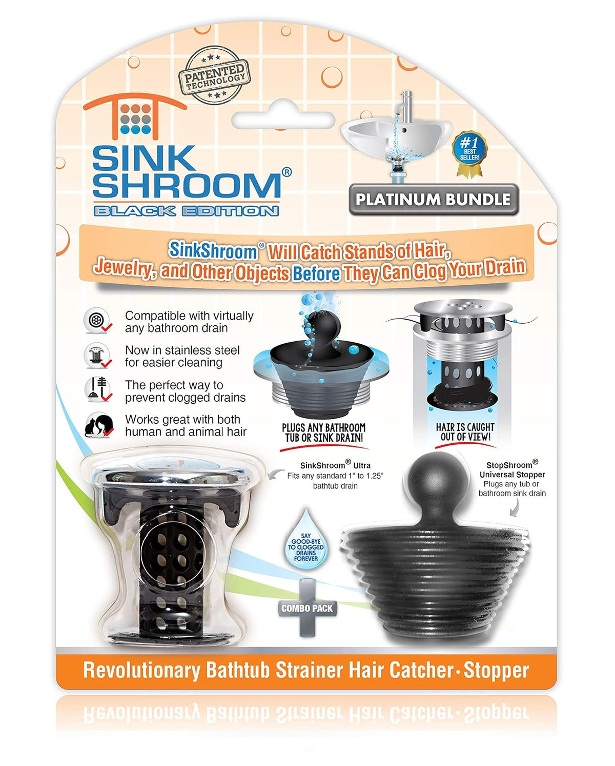 SinkShroom Combo Edition Revolucionario Protector de Drenaje para Fregadero de baño, colador, Snare, Plus StopShroom Tapón