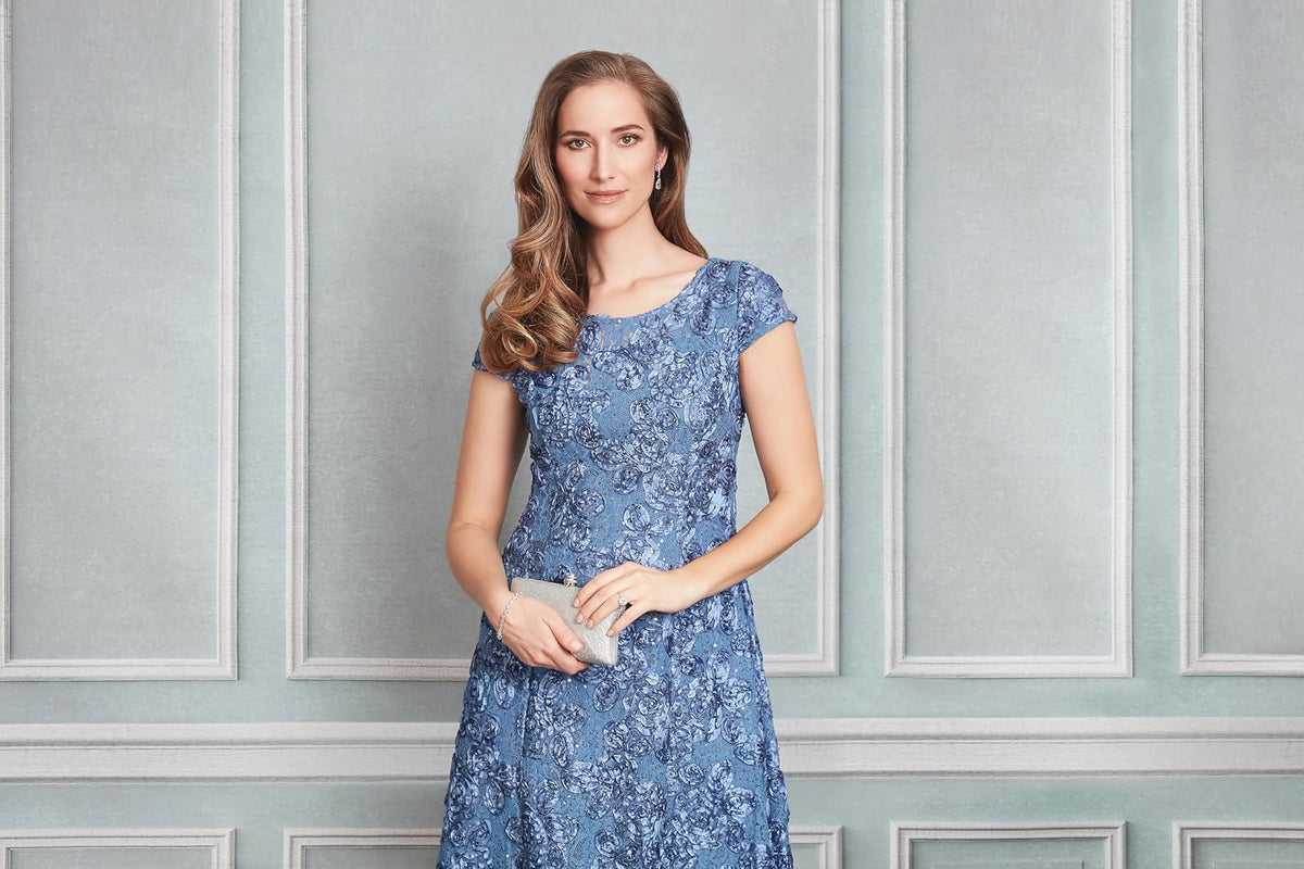 Alex Evenings Long Rosette Mother of The Bride Dress with Short Sleeves, Wedding Guest Vestido para ocasión Especial Mujer