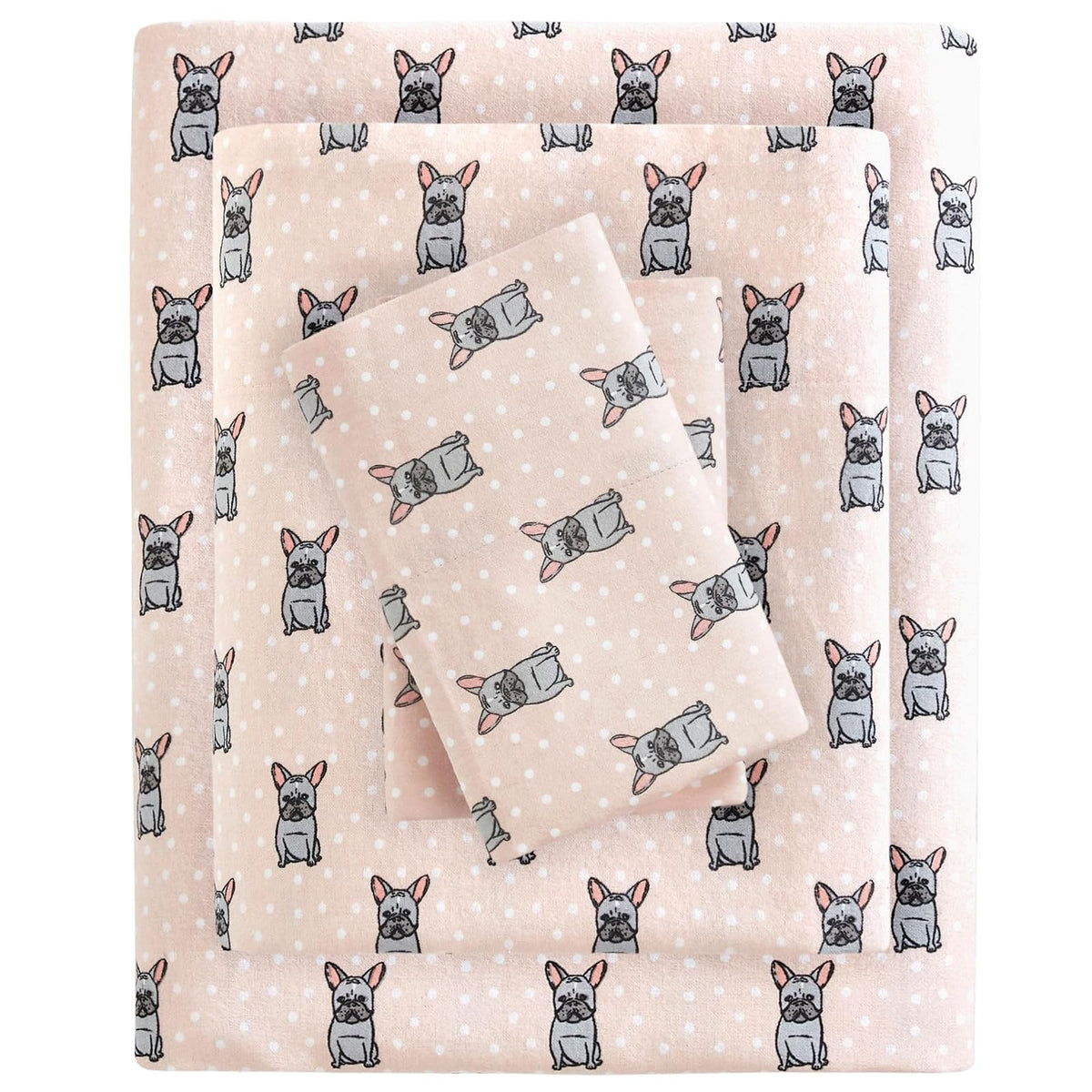 True North Juego de Sábanas de Franela 100% Algodón 4 Piezas - Pink French Bulldog - Queen