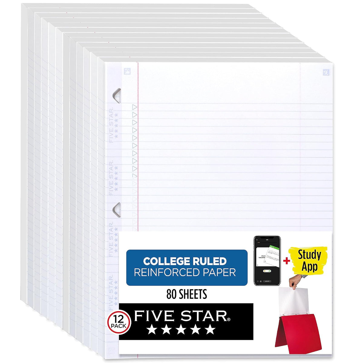 Five Star Loose Leaf Paper Plus Study App, 12 Pack, 3 Hole Punched, Reinforced Filler Paper, College Ruled Paper, 8-1/2" x 11", 80 Sheets/Pack (170026-ECM),White