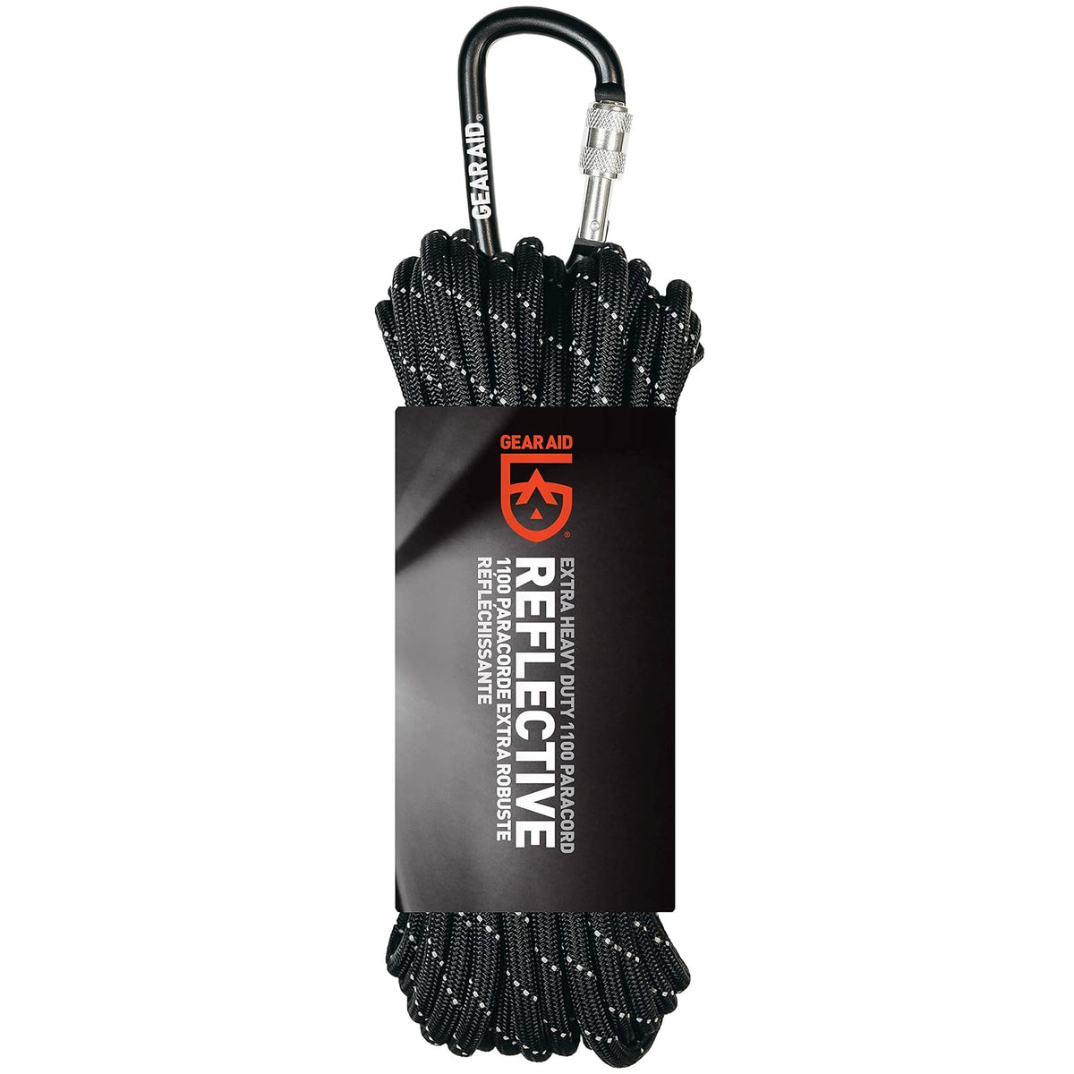 GEAR AID 1100 - Cuerda de paracaídas y mosquetón, 5,5 mm, Resistente para Camping y Supervivencia, Color Negro reflectivo, 50 pies