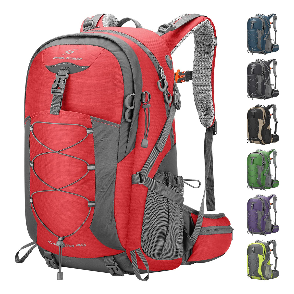 Maelstrom Mochila Senderismo Liviana, Mochila Camping con Cubierta Lluvia | Nailon anti desgarro agua, separación seco húmedo, bolsillos, silbato emergencia. Ideal hombre, mujer, senderismo - 40 L - Rojo