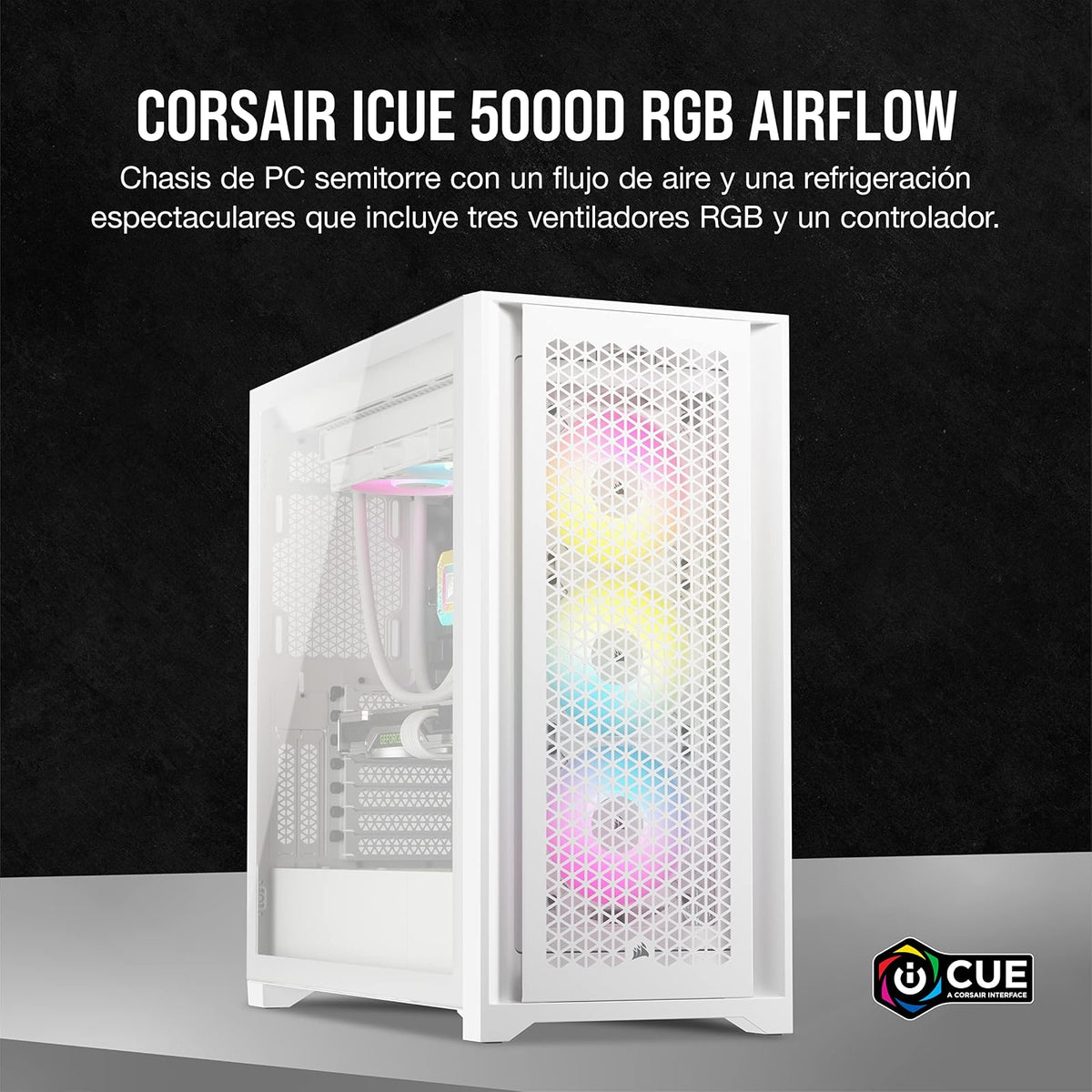 Corsair Semitorre iCUE 5000D RGB Airflow, 3 Ventiladores AF120 RGB Elite - Controlador iCUE Lighting Node Pro - Diseño de Alto Flujo de Aire - Blanco Verdadero
