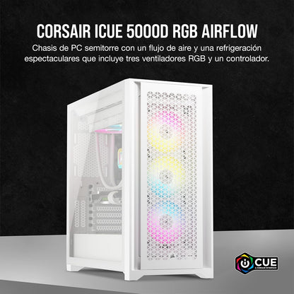 Corsair Semitorre iCUE 5000D RGB Airflow, 3 Ventiladores AF120 RGB Elite - Controlador iCUE Lighting Node Pro - Diseño de Alto Flujo de Aire - Blanco Verdadero