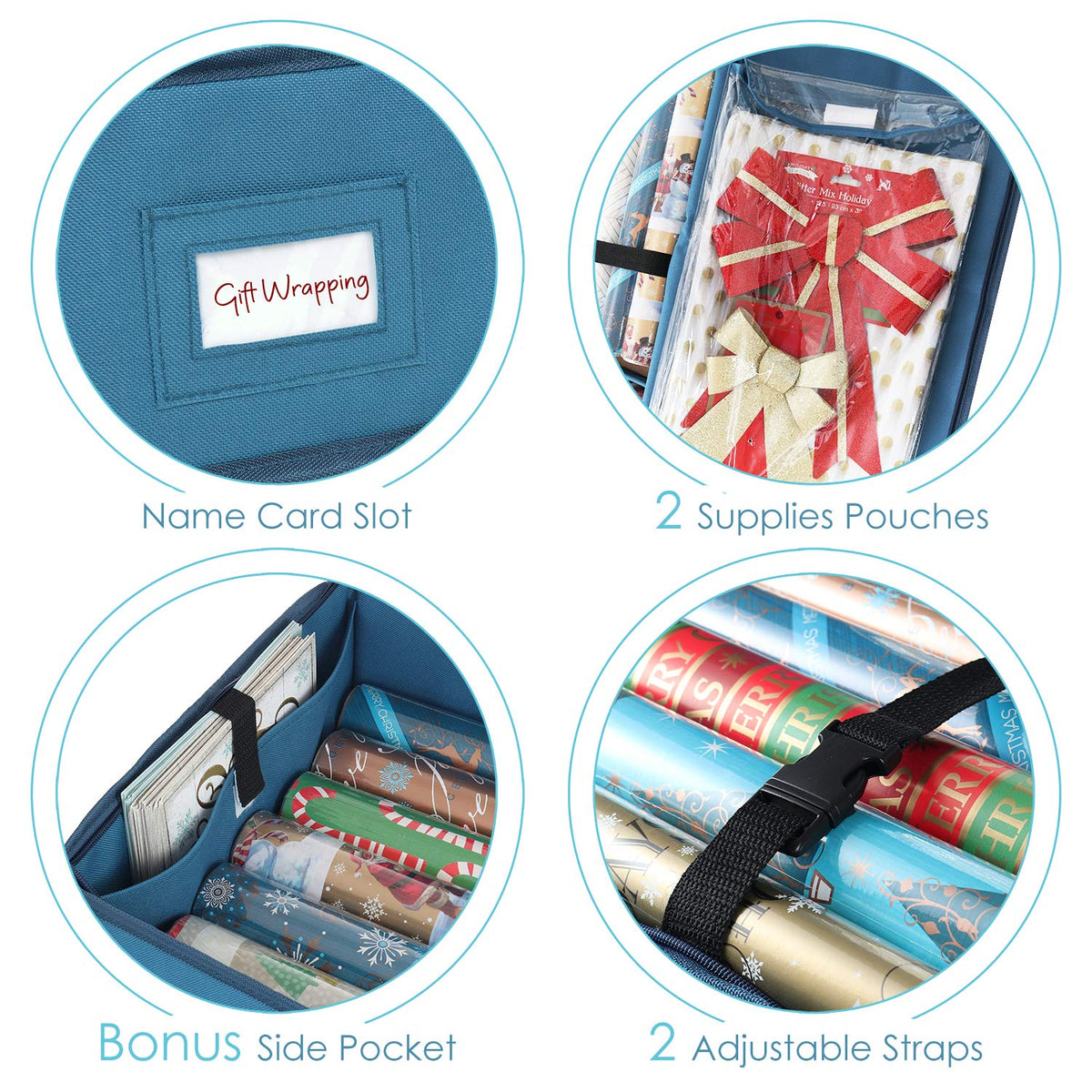 Hearth & Harbor - Contenedor de almacenamiento de papel para envolver y soporte de papel transparente, bolsa de almacenamiento de Navidad con bolsillos interiores, se adapta a hasta 36 rollos de 40