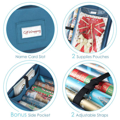 Hearth & Harbor - Contenedor de almacenamiento de papel para envolver y soporte de papel transparente, bolsa de almacenamiento de Navidad con bolsillos interiores, se adapta a hasta 36 rollos de 40