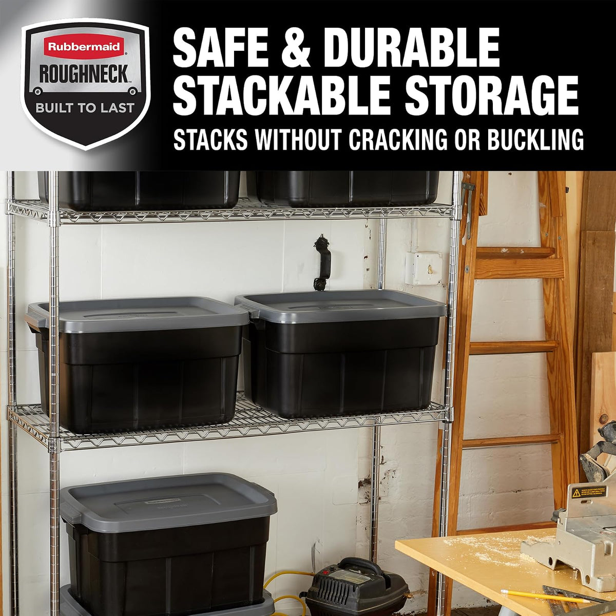 Rubbermaid - Contenedores de almacenamiento de plástico negro resistentes con tapas para almacenamiento, apilables, de gran capacidad, duraderos, multiusos, 14 galones, 6 unidades (14 galones, 6