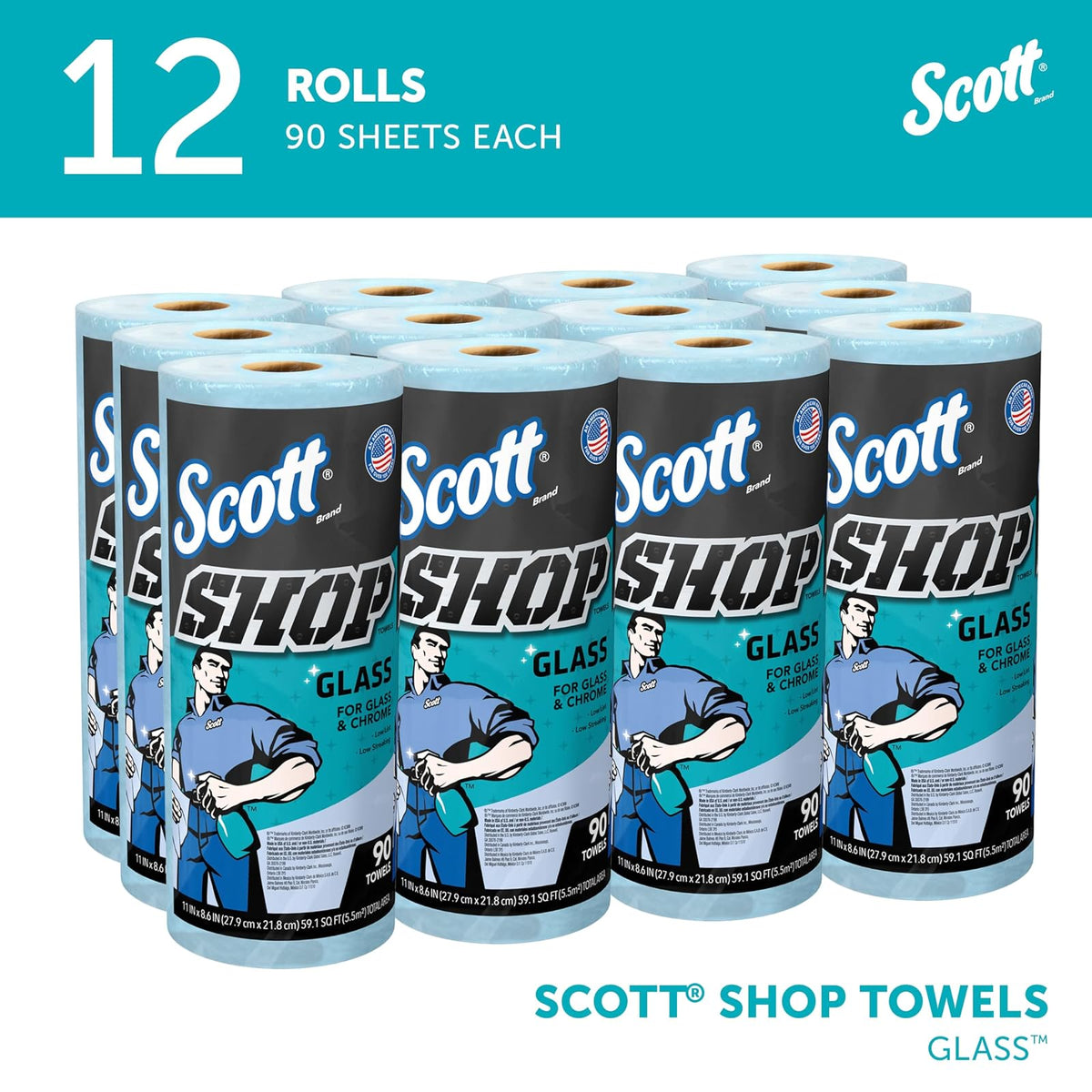 Scott 32896 - Toallas, vidrio, 1 capa, 8.6 x 11 pulgadas, azul, 90 hojas por rollo (caja de 12 rollos)