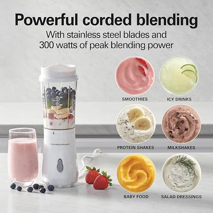 Hamilton Beach Batidora Portátil Personal | Blanco, 2 frascos, 14 oz sin BPA, cuchillas de acero inoxidable, frasco convertido en taza de viaje, cable de 24 pulgadas