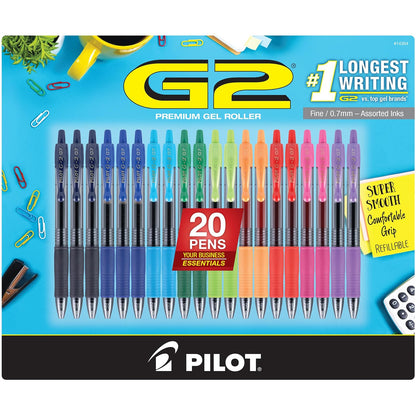 Bolígrafo Gel Pilot G2, Punto Fino (0.7 mm), Paquete con 20 Piezas Colores Surtidos, Recargable