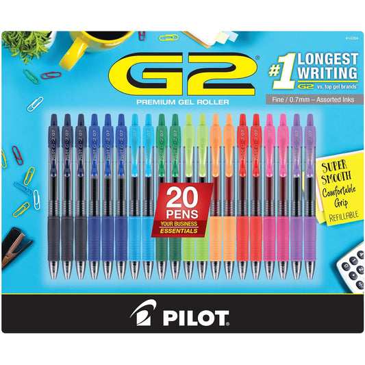 Bolígrafo Gel Pilot G2, Punto Fino (0.7 mm), Paquete con 20 Piezas Colores Surtidos, Recargable