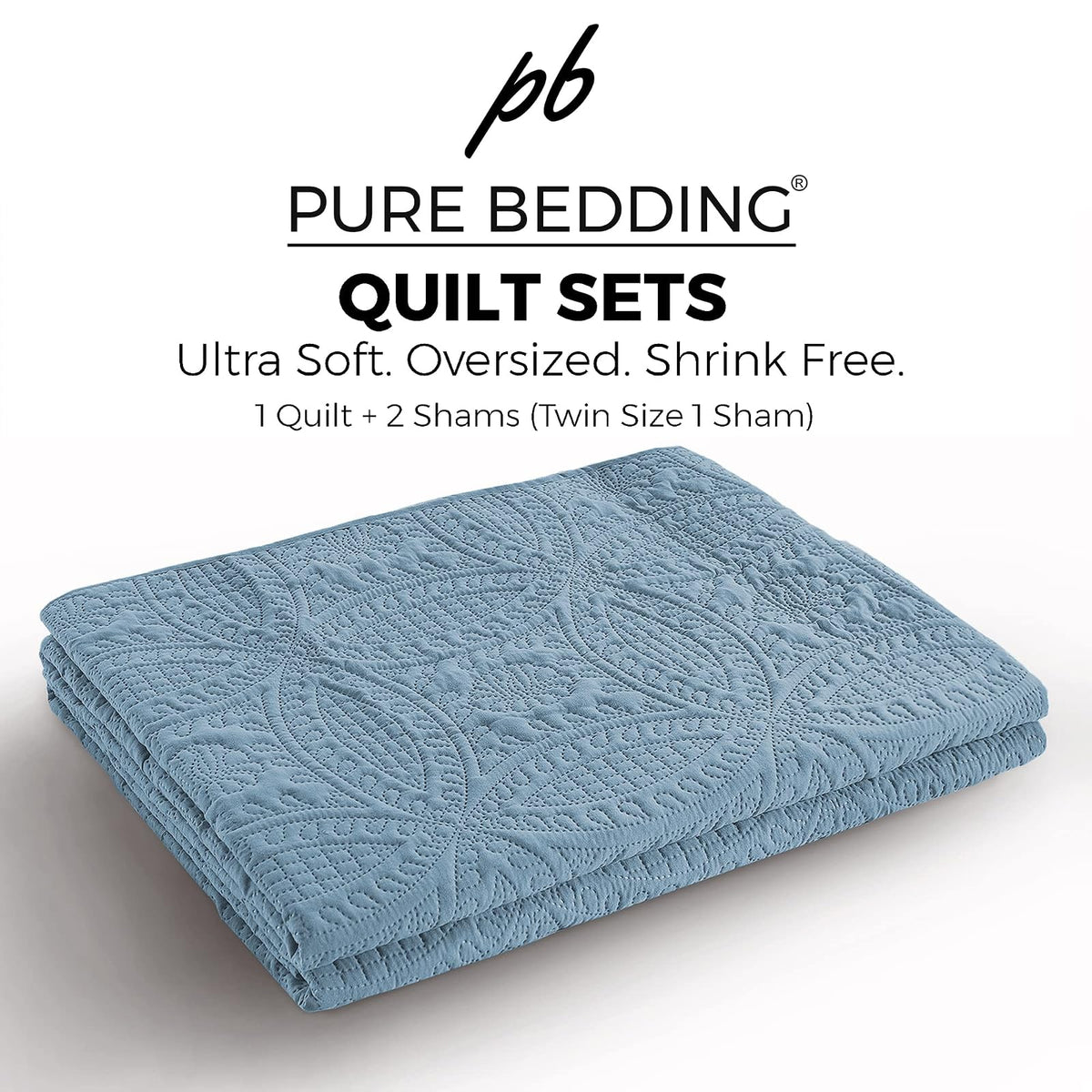 Pure Bedding - Juego de edredón tamaño matrimonial/Queen, Color Azul Ceniza - Colcha de Gran tamaño, Colcha Ligera de Microfibra Suave para Todas Las Estaciones, 3 Piezas Incluye 1 edredón y 2 Fundas