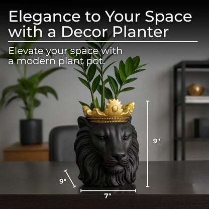 Sagebrook Home Maceta de Resina con Cabeza de león y Corona Dorada Maceta Decorativa de poliresina para el hogar y el jardín 9 x 7 x 9 Pulgadas Negra