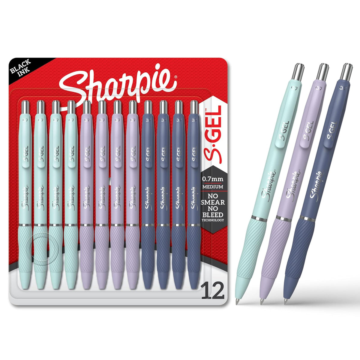 Sharpie S-Gel, bolígrafos de gel, punta media (0.7 mm), barriles de moda surtidos, tinta negra, 12 unidades