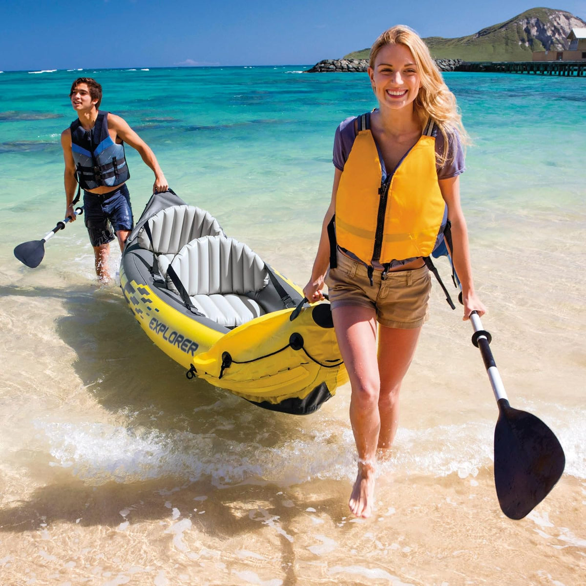 Intex Explorer K2 Kayak - Kayak Inflable para 2 Personas con Orejas de Aluminio y Bomba de Aire de Alta Salida