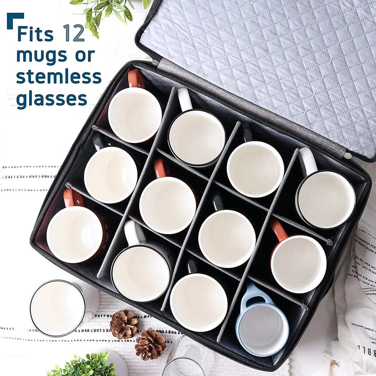 Organizador acolchado y apilable para tazas de café para servicio de 12, caja con separadores, contenedores de carcasa rígida para tazas de porcelana para almacenamiento para mudanza o estacional