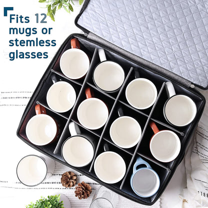 Organizador acolchado y apilable para tazas de café para servicio de 12, caja con separadores, contenedores de carcasa rígida para tazas de porcelana para almacenamiento para mudanza o estacional