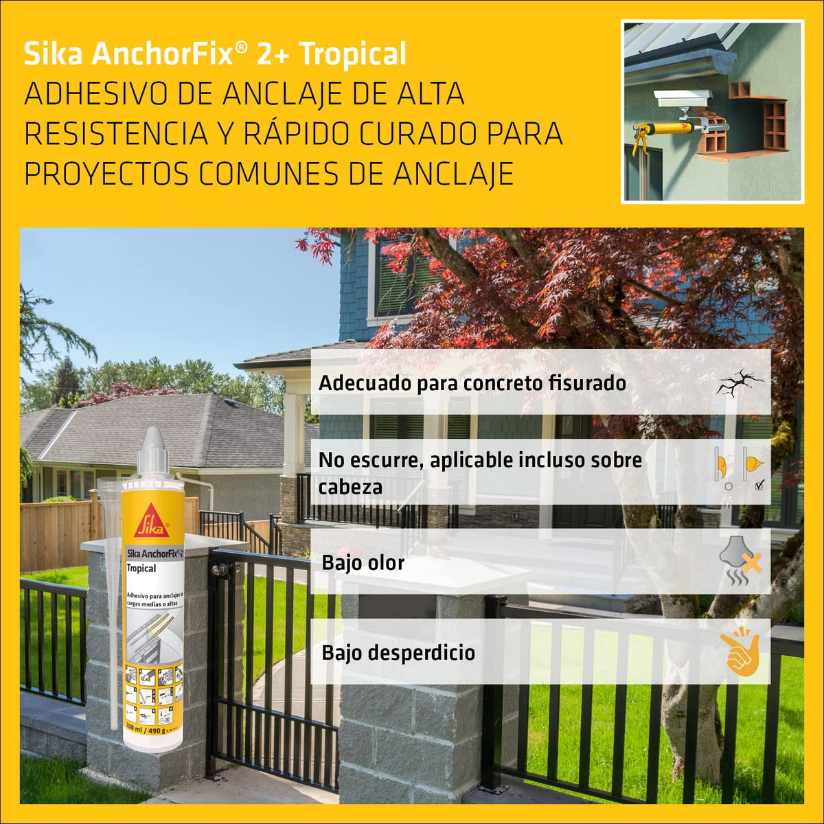 Sika - Adhesivo para nclajes Anchorfix-2 Tropical - Para Anclajes y Fijación de Pernos de Carga Media a Alta - Adecuado para Concreto Fisurado - Libre de Estireno - Gris - Cartucho 300 ml