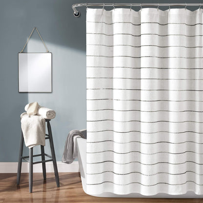 Lush Decor - Cortina de Ducha de algodón teñida con Hilo Degradado, 72 Pulgadas de Ancho x 72 Pulgadas de Largo, Gris y Multi - Cortinas de Ducha de Tela - Cortina de baño a Rayas - Decoración de