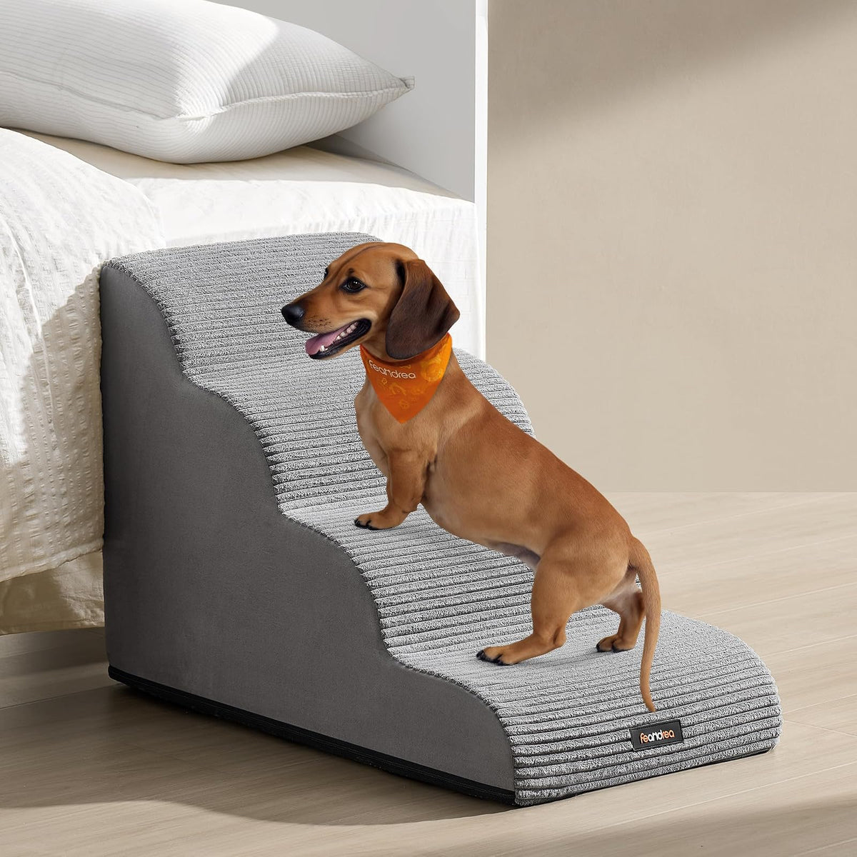Feandrea Escalera para Perros de 4 Peldaños, Antideslizante, 72x40x50cm | Cubierta Lavable Extraíble, para Cama, Sofá, Gris, Colección BADDI MPPS004G01