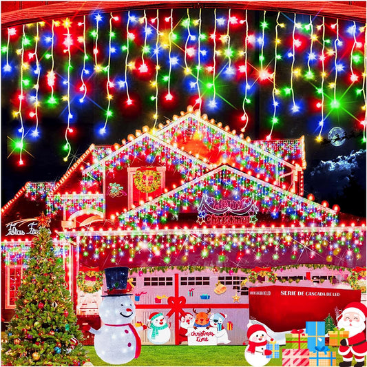 Luces Navideñas Cascada de Luces led - POWEROAK Luces de Navidad 6M 300LED IP44 Serie de Cascada led con 8 Modos de Iluminación Luz cascada Navidad Decorativas. (6M 300LED, Multicolor)