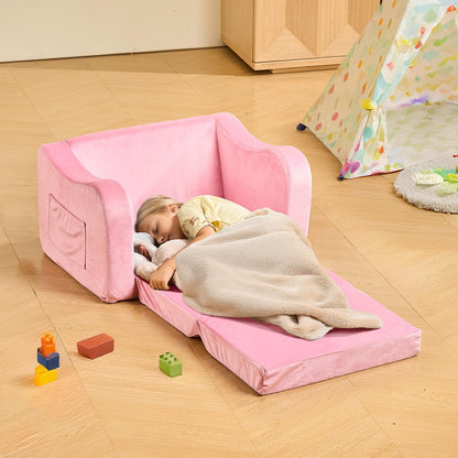 VEVOR Sofá Infantil 2 en 1, Convertible en Tumbona, Sofá Cama Plegable y Suave de Esponja 28D y Pelo Corto con Reposabrazos, Ideal para Jugar o Descansar Cómodamente para Niños, Talla M, Rosa