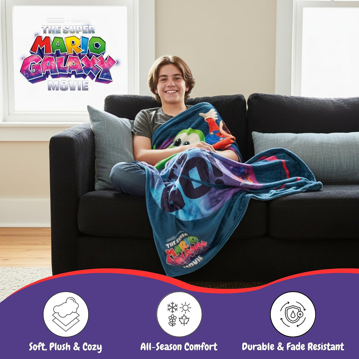 Franco Collectibles - Manta Decorativa de Super Mario Galaxy, Suave y acogedora para sofá, Cama o Sala de Juegos (Producto 100% con Licencia Oficial)