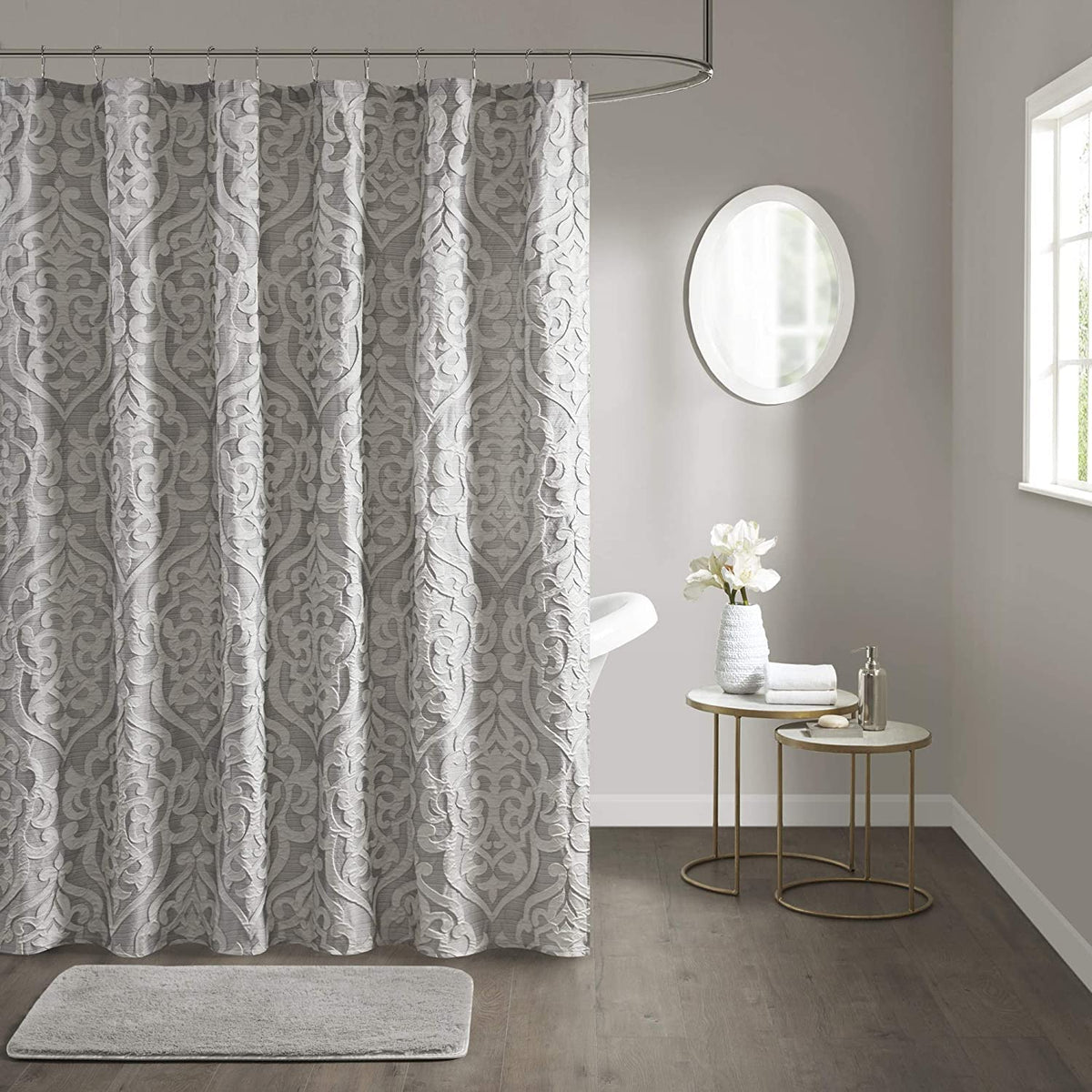 Madison Park Odette Cortina de Ducha de Tela Jacquard Texturizado de Lujo, medallón de Damasco Lavable a máquina, decoración Moderna del baño del hogar, Pantalla de privacidad para bañera, 72" x 72",
