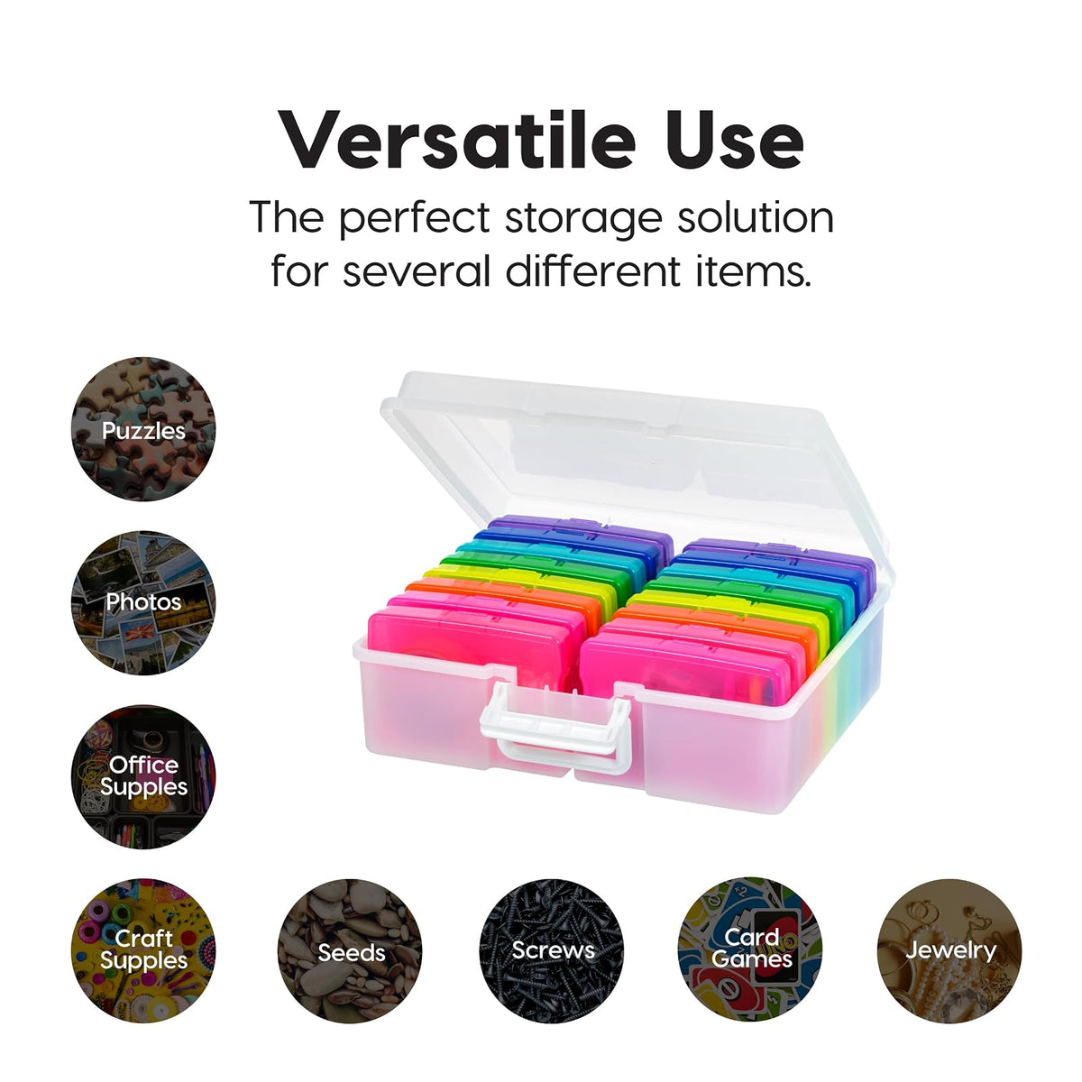 IRIS USA Caja Organizadora para Fotos, 16 Estuches, 2 Piezas, Perla/Multi | Compatible con fotos 4"x6", asa integrada, organizador para tareas, calcomanías, recortes y tarjetas didácticas