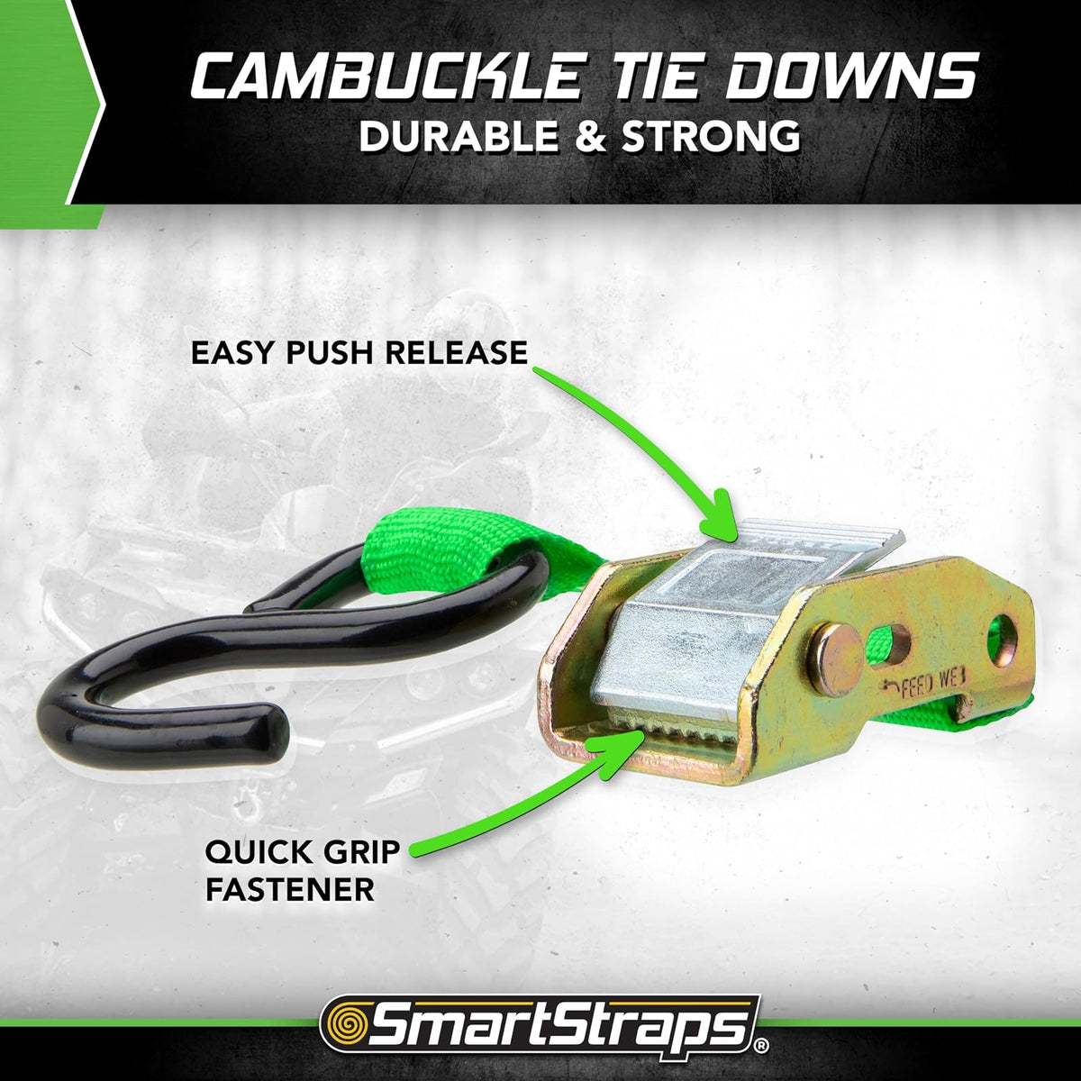 SMARTSTRAPS - Correas de Amarre de cambuckle de 6 pies, Paquete de 2, 0,544 | Correas de hebilla de leva de liberación rápida, carga de trabajo segura de 400 libras, lazos de amarre suaves – motos de