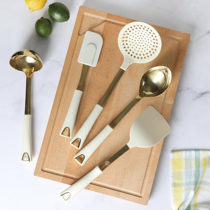 Martha Stewart Lockton - Juego de herramientas de cocina de acero inoxidable y nailon, lino con dorado