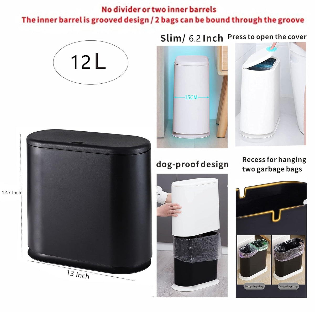 Cq acrylic 12 Liter Rectangular Plastic Trash Can Wastebasket with Press Type Lid,3.17 Gallon Dog Proof Garbage Container Bin for Bathroom,Powder Room,Bedroom,Kitchen,Craft Room,Office (Black)