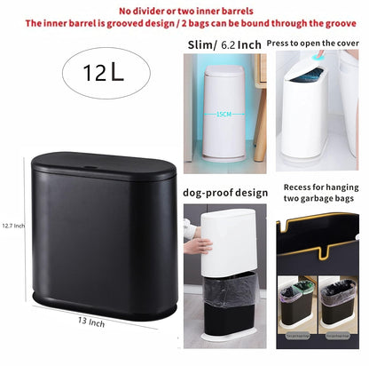 Cq acrylic 12 Liter Rectangular Plastic Trash Can Wastebasket with Press Type Lid,3.17 Gallon Dog Proof Garbage Container Bin for Bathroom,Powder Room,Bedroom,Kitchen,Craft Room,Office (Black)