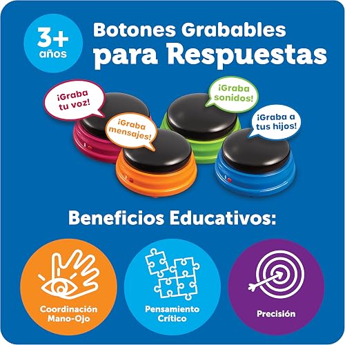 Learning Resources Recordable Answer Buzzers Set de 4 | Materiales para Maestros y Clases, Botón de Efectos de Sonido, Juegos de Trivia, Herramientas de Participación