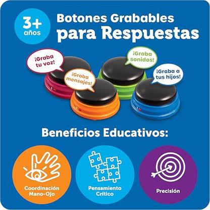Learning Resources Recordable Answer Buzzers Set de 4 | Materiales para Maestros y Clases, Botón de Efectos de Sonido, Juegos de Trivia, Herramientas de Participación
