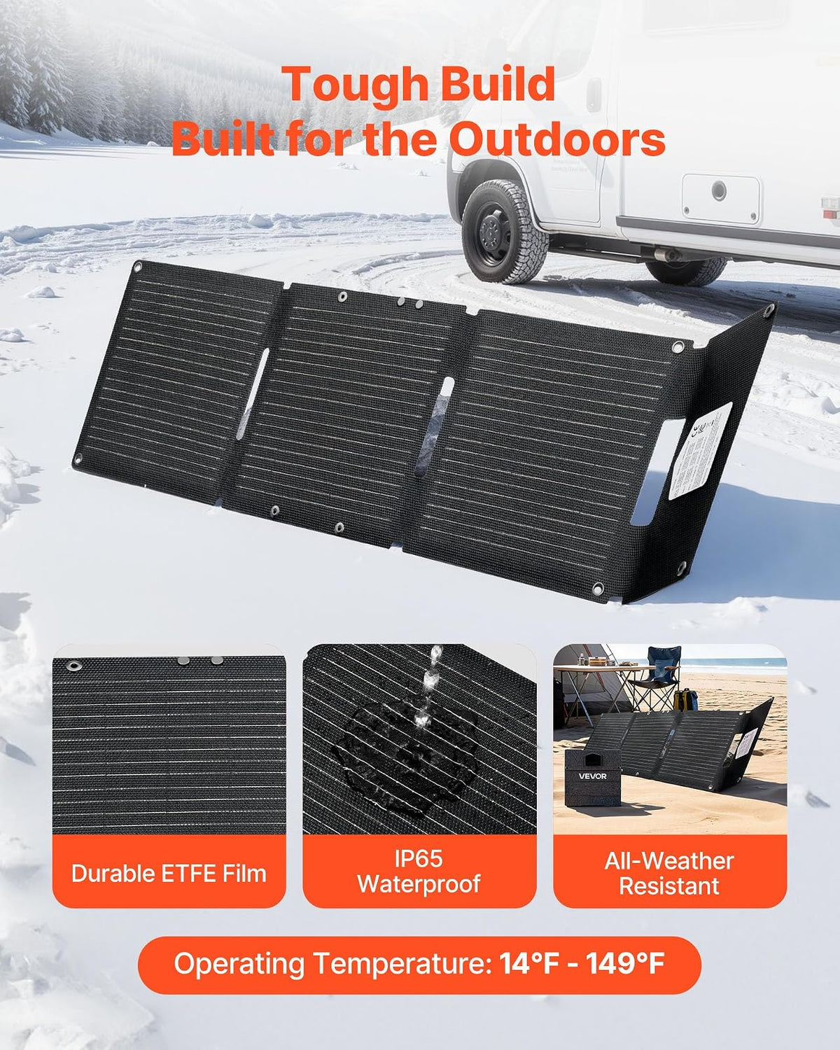 VEVOR Placa Solar Plegable 30W, Panel Solar Monocristalino Portátil, 3 Puertos USB-A y USB-C, IP65 Impermeable, Cargador para Tablets Móviles Power Bank, Energía para Camping Senderismo Autocaravanas