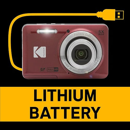 Kodak PIXPRO FZ55-RD Cámara Digital de 16 MP, Zoom óptico de 5 x 28 mm, Gran Angular, 1080P, Full HD, Video, cámara de vlogging LCD de 2,7 Pulgadas (Rojo) El Embalaje Puede Variar