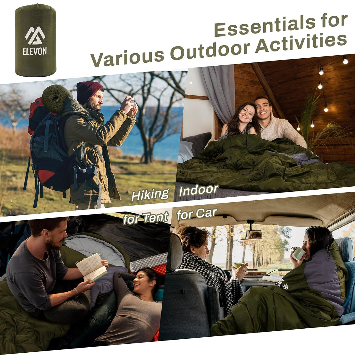 Elevon - Saco de Dormir para Adultos, Adolescentes, niños, Clima frío y cálido, portátil, Impermeable y Ligero, Compacto con Saco de compresión, para 3 a 4 Estaciones de Camping, mochileros,