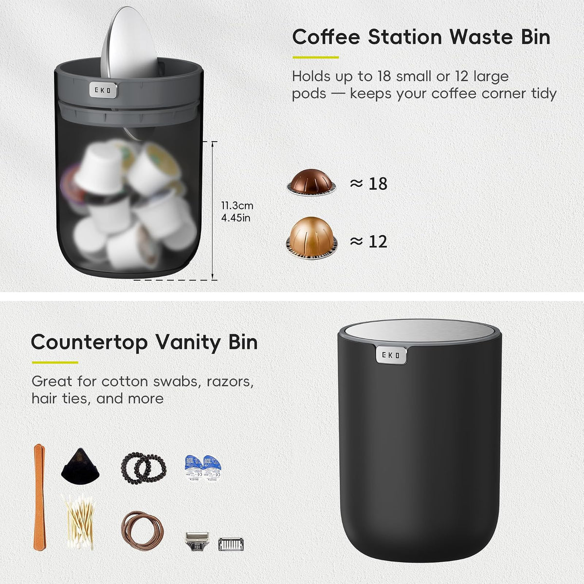 EKO Fandy Mini Basura 2.2L Acero Inoxidable con Tapa Abatible Negra