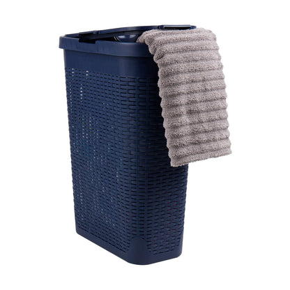 Mind Reader 40L Slim Laundry Hamper, Clothes Basket, Lid, Wicker Design, Plastic, 18" L x 10.4" W x 23.5" H, Navy
