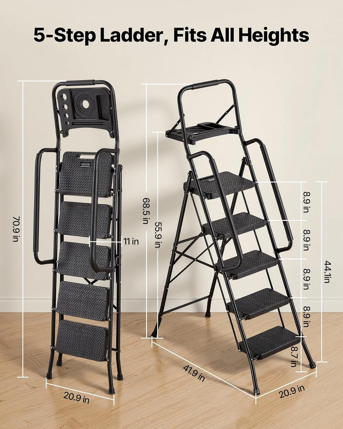 VEVOR Escalera Plegable de 5 Peldaños, Escalera de Tijera con Estructura de Acero, Capacidad de Carga Máx. 272 kg, con Pies Antideslizantes Bandeja de Herramientas Pasamanos, para Doméstico Oficina