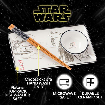 Silver Buffalo Star Wars - Arte japonés de acuarela con Jabba the Hutt, Darth Vader, Stormtroopers juego de sushi de cerámica con plato de salsa para sumergir y palillos a juego