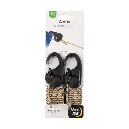 Nite IZE NCJ-25-2R3 CamJam - Tensor de Cuerda de Amarre con Clip de mosquetón, Paquete de 2 con cordón, Negro, 2 Unidades