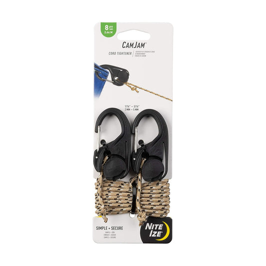 Nite IZE NCJ-25-2R3 CamJam - Tensor de Cuerda de Amarre con Clip de mosquetón, Paquete de 2 con cordón, Negro, 2 Unidades